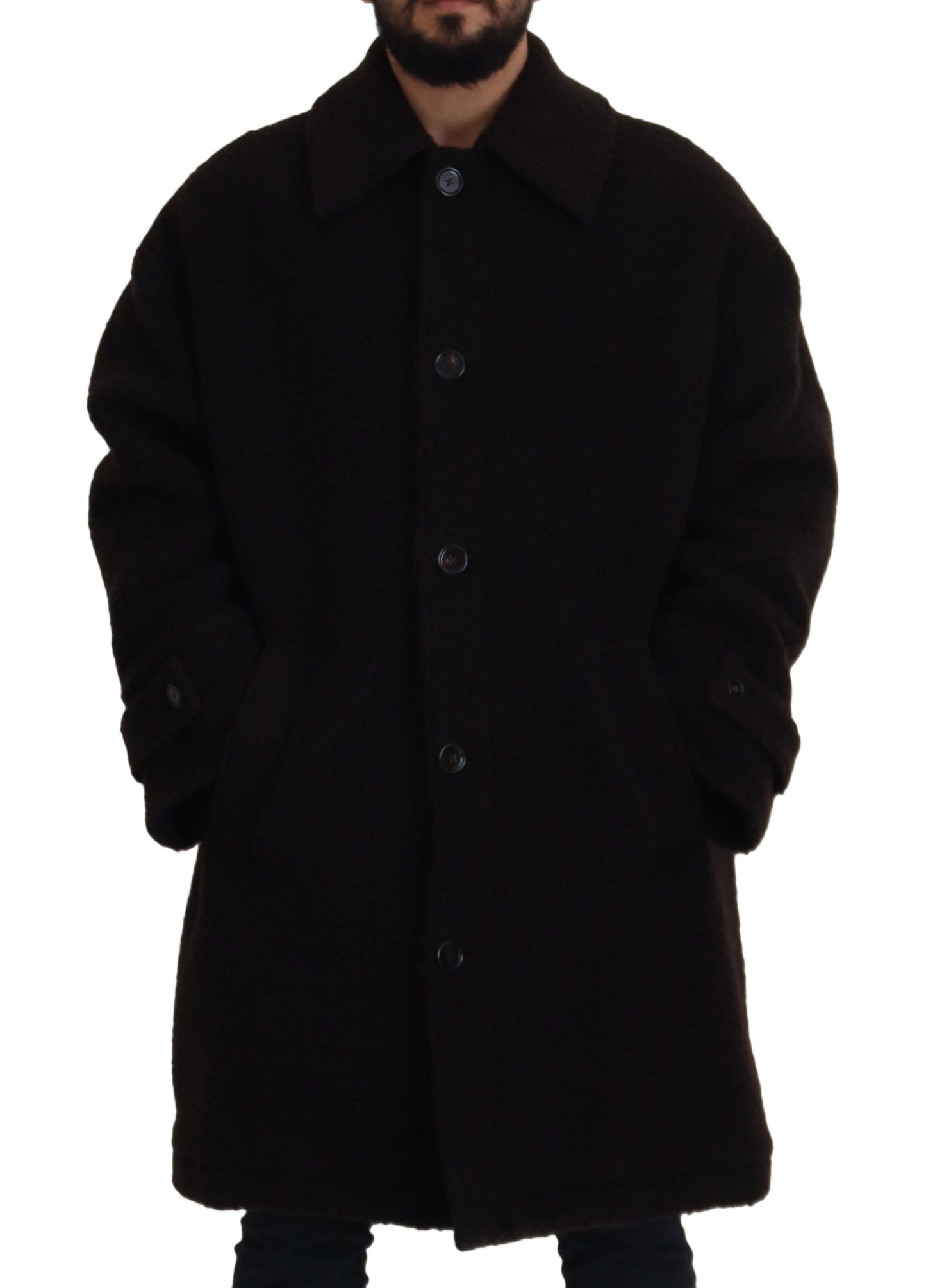 Schwarze Alpaka-Trenchcoat-Jacke mit Knöpfen