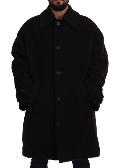 Schwarze Alpaka-Trenchcoat-Jacke mit Knöpfen