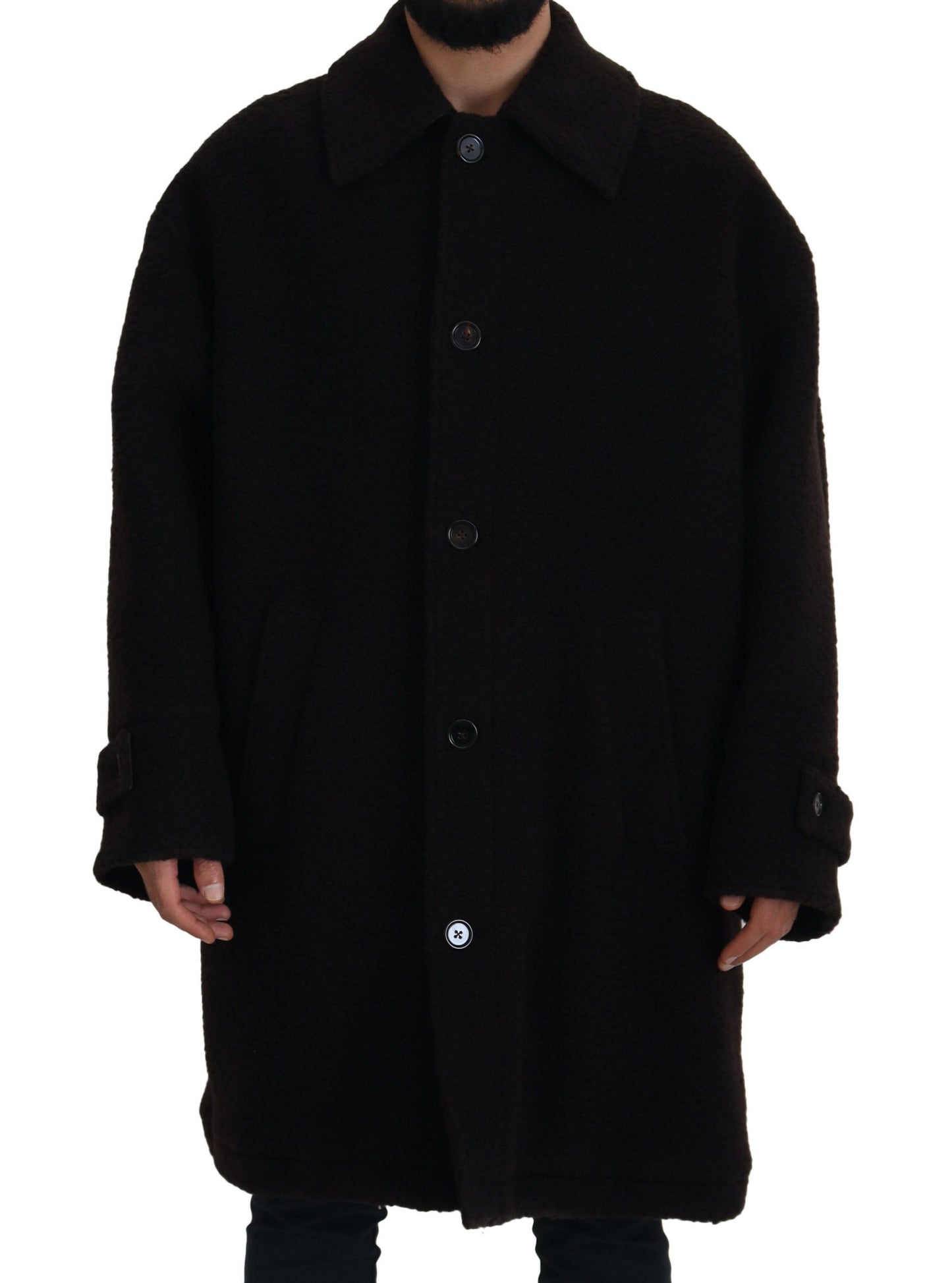 Schwarze Alpaka-Trenchcoat-Jacke mit Knöpfen