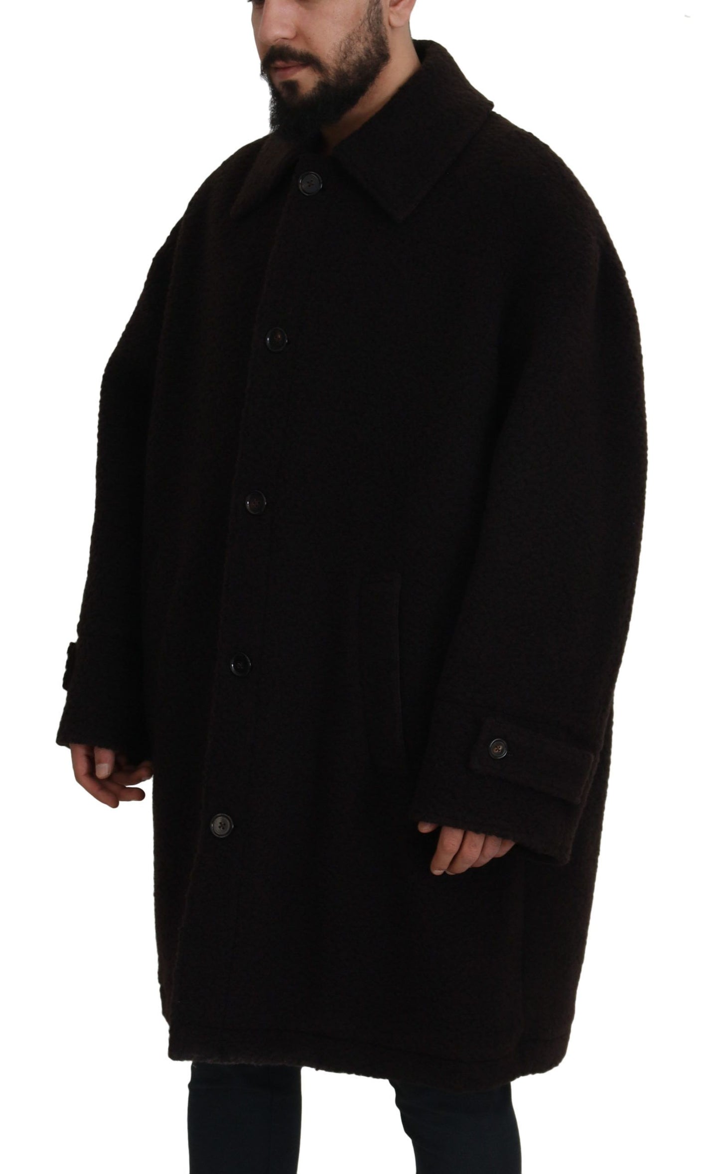 Schwarze Alpaka-Trenchcoat-Jacke mit Knöpfen