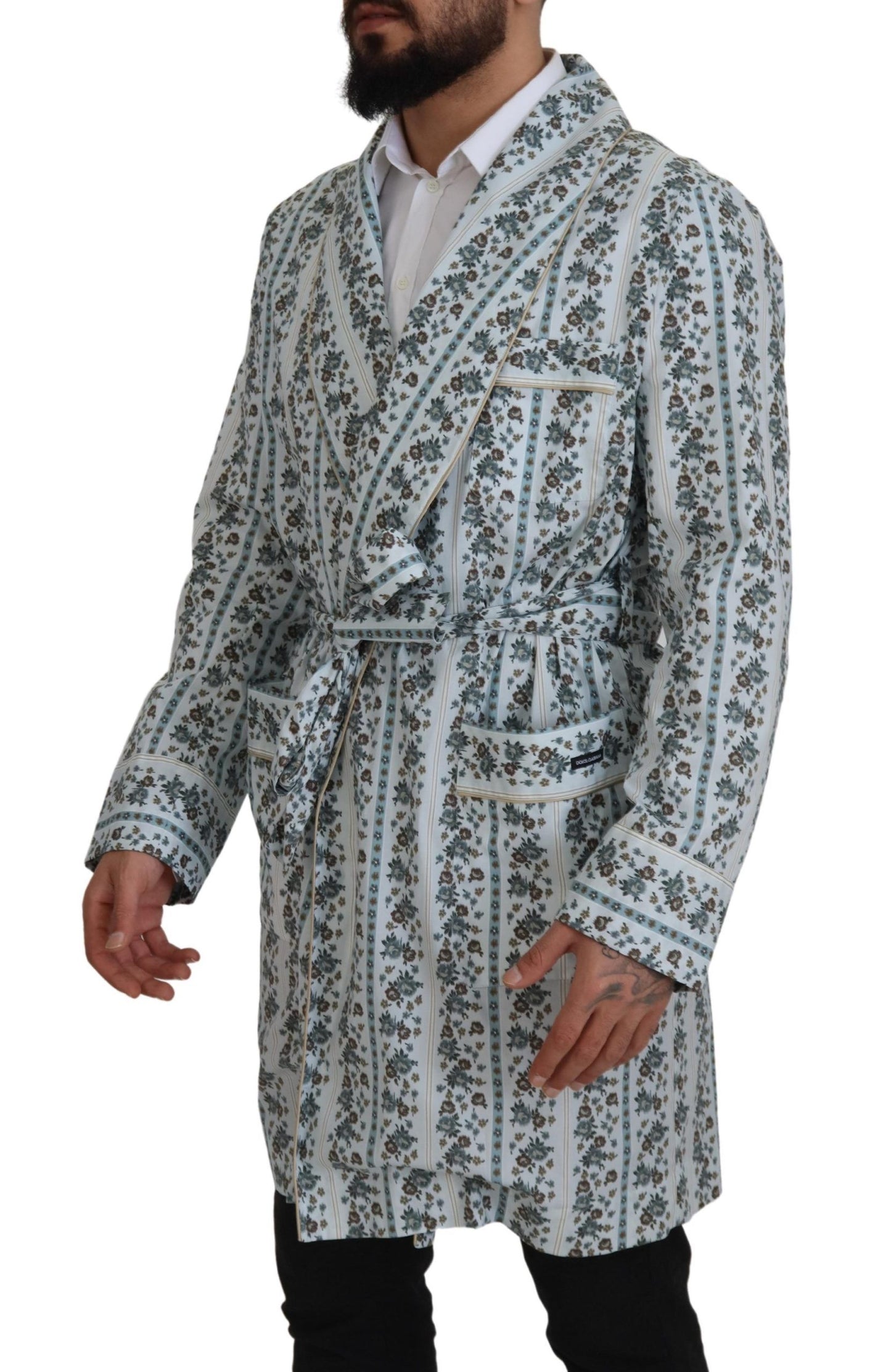 Blaue Robe-Manteljacke aus Baumwolle mit Blumenmuster