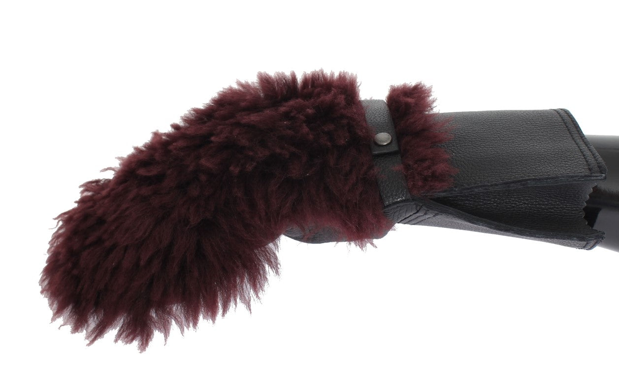 Gants en peau de mouton bordeaux en cuir noir