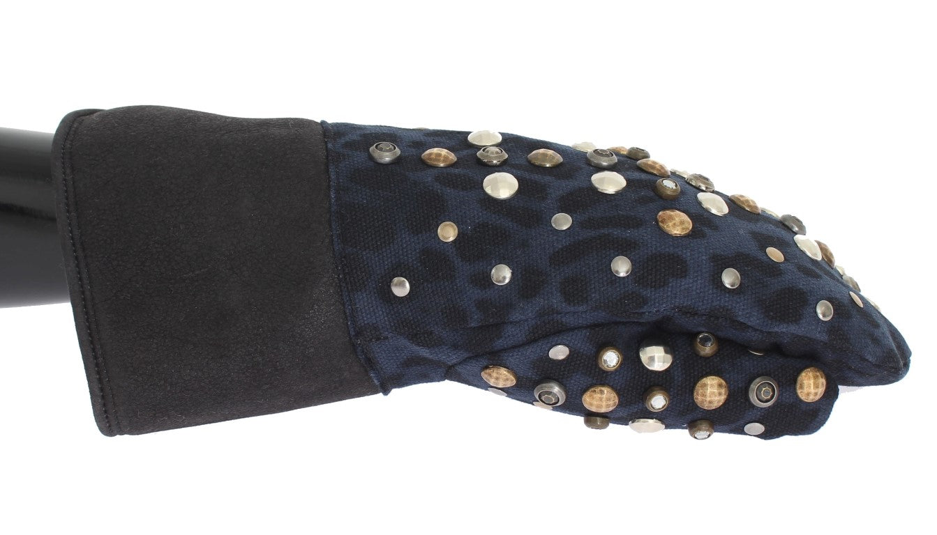 Handschuhe aus grauem Woll-Lammfell mit Nieten und blauem Leopardenmuster