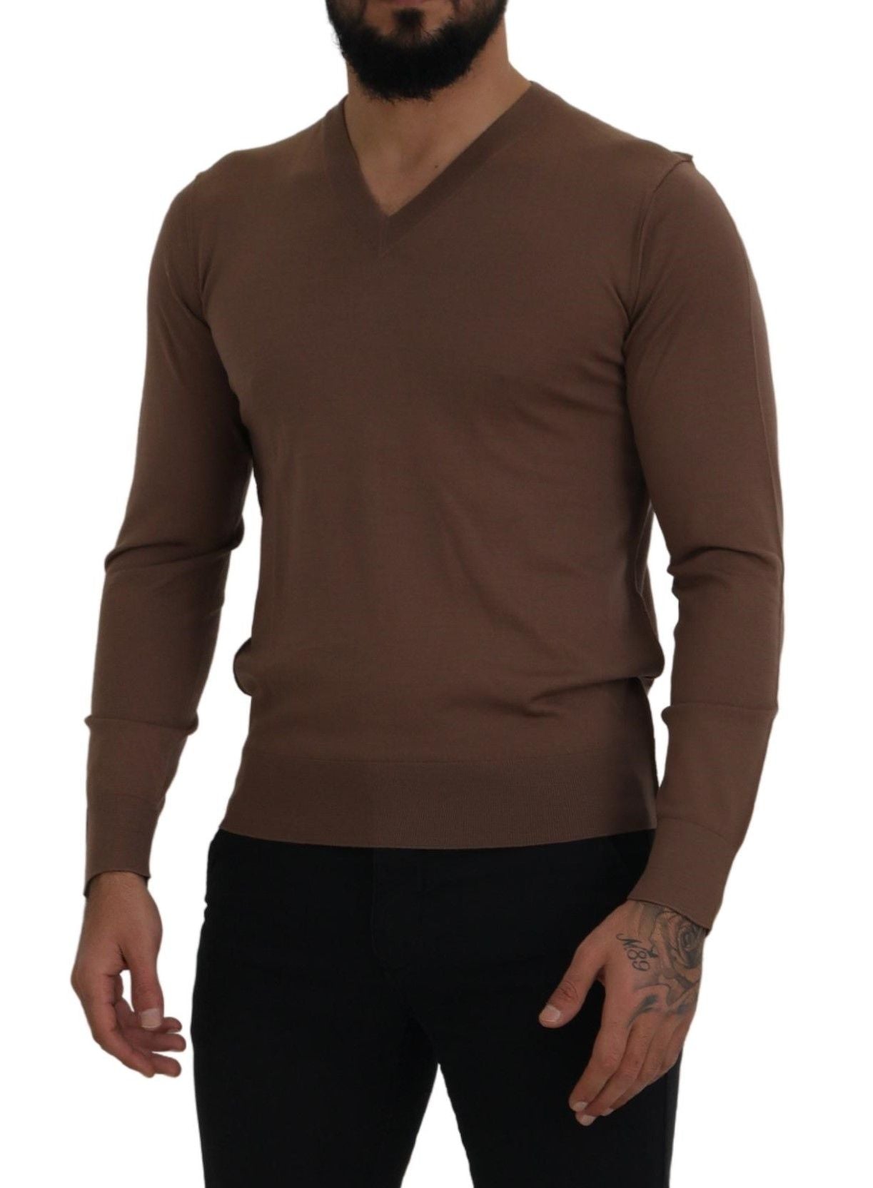 Maglione pullover con scollo a V da uomo in lana marrone