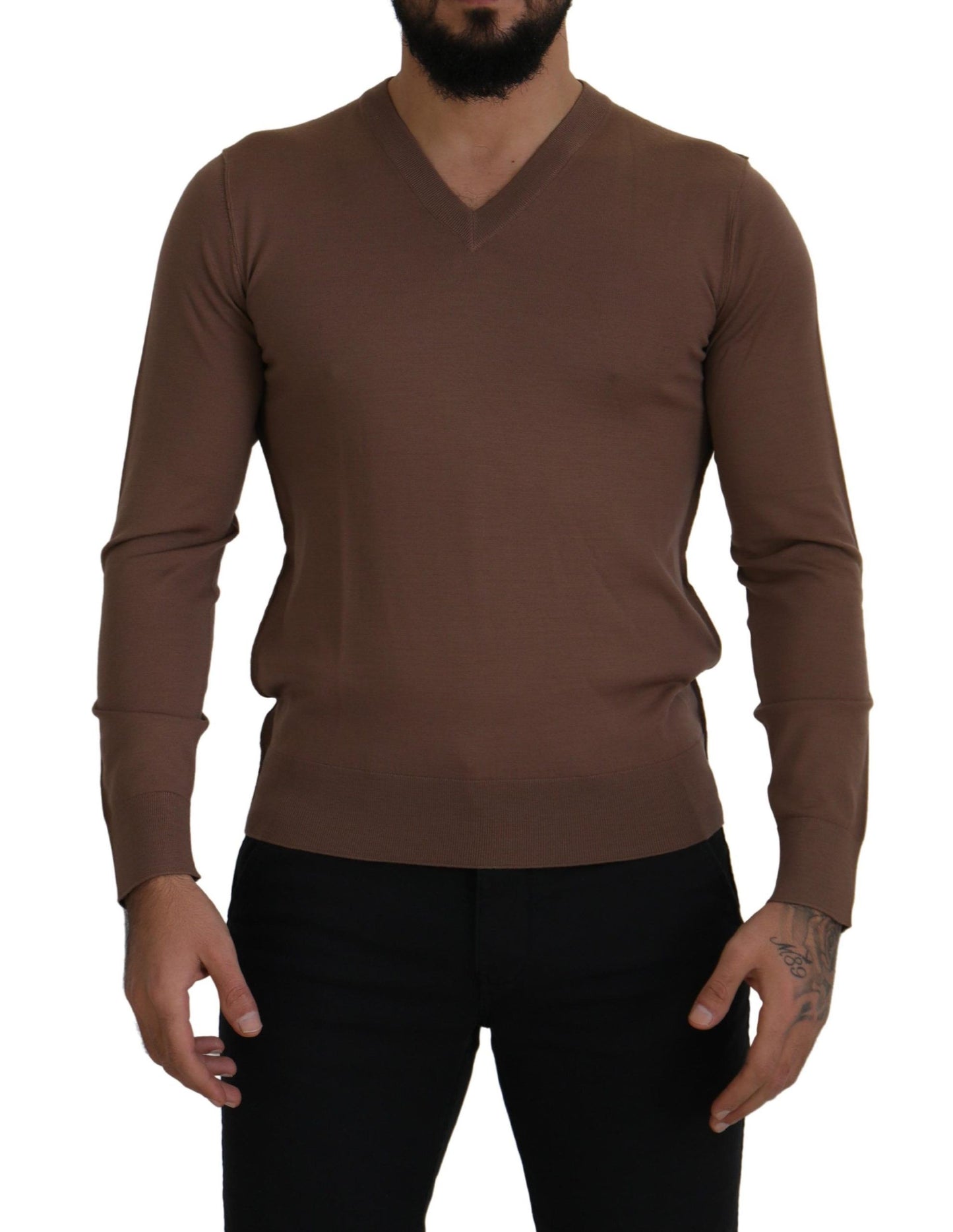 Maglione pullover con scollo a V da uomo in lana marrone