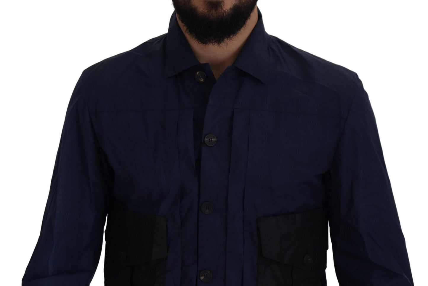 Camicia casual a maniche lunghe con colletto in cotone blu scuro