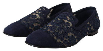 Mocassini slip-on in pizzo floreale blu. Scarpe basse