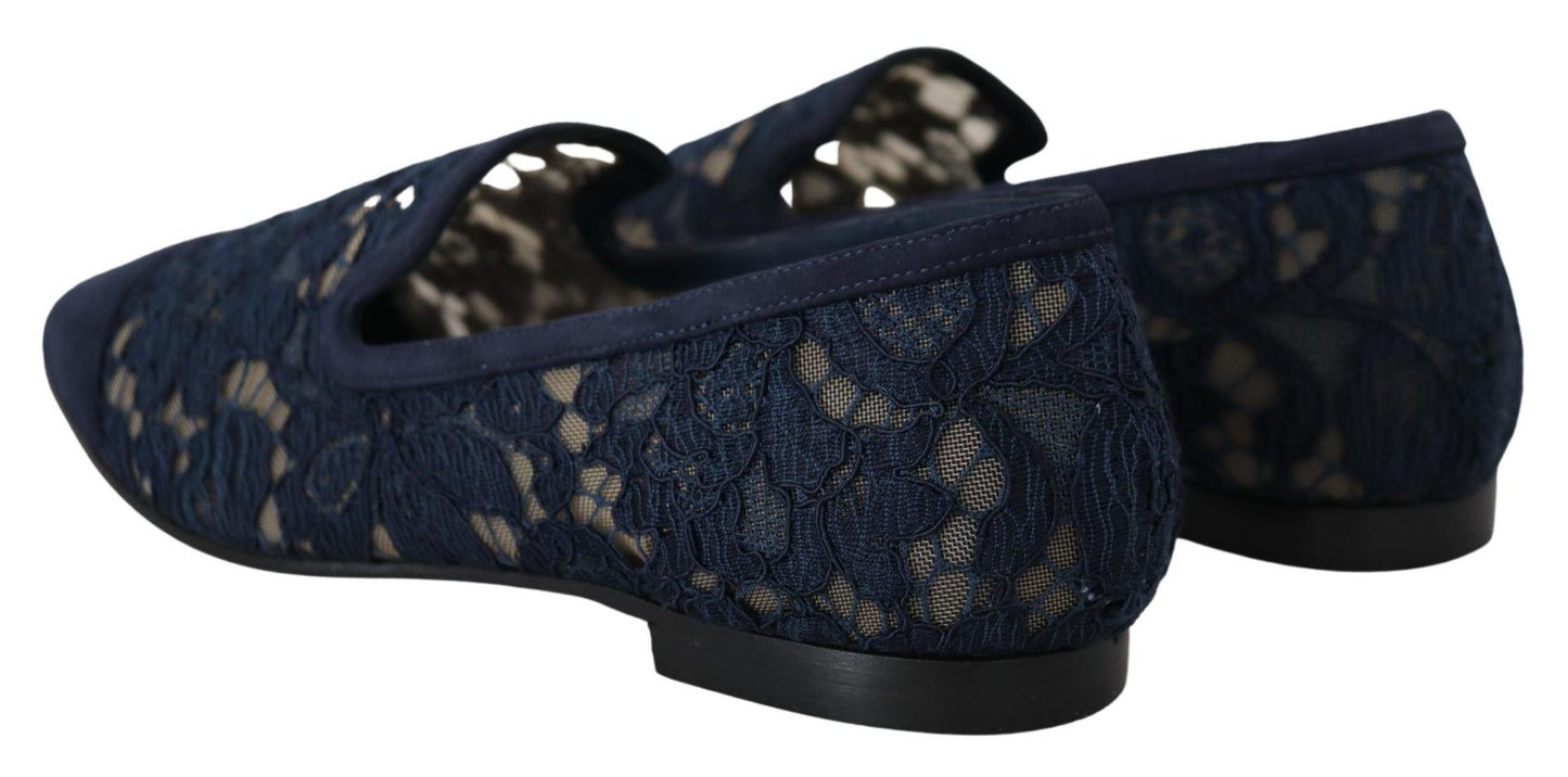 Mocassini slip-on in pizzo floreale blu. Scarpe basse