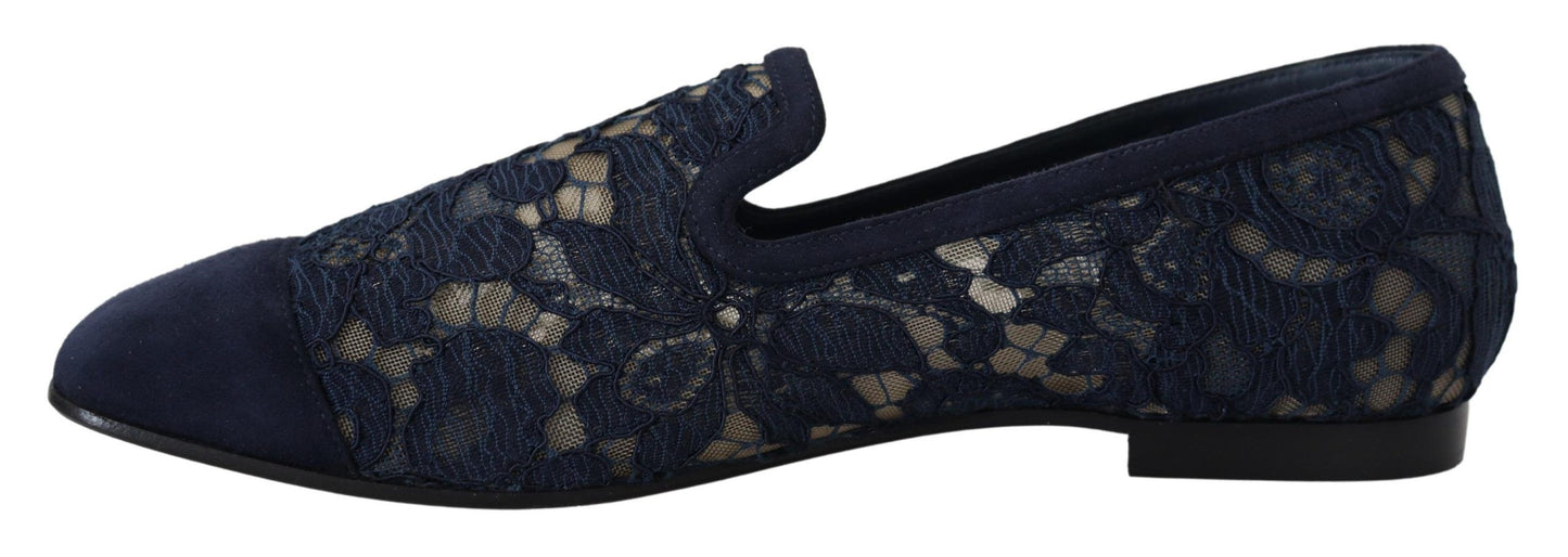 Mocassini slip-on in pizzo floreale blu. Scarpe basse