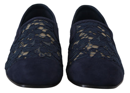 Mocassini slip-on in pizzo floreale blu. Scarpe basse