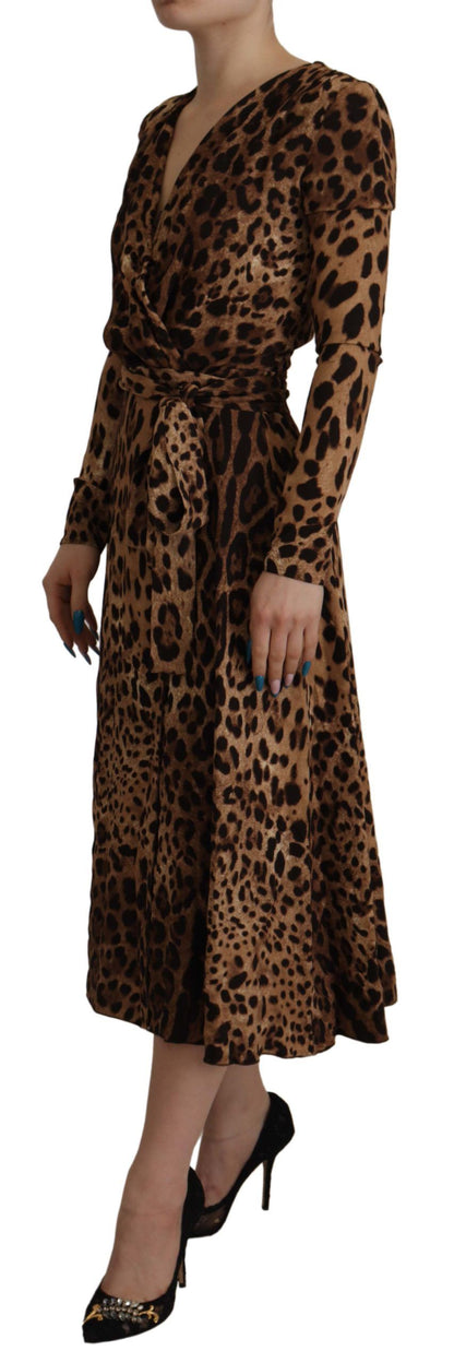 Abito maxi in viscosa a trapezio con involucro leopardato marrone