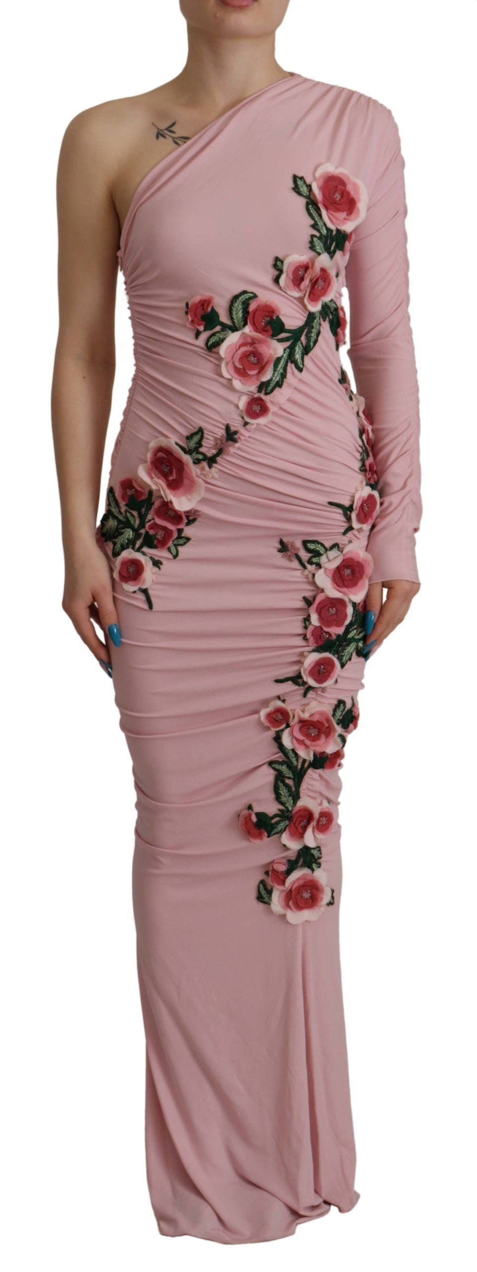 Rosafarbenes, mit Blumen verziertes One-Shoulder-Kleid