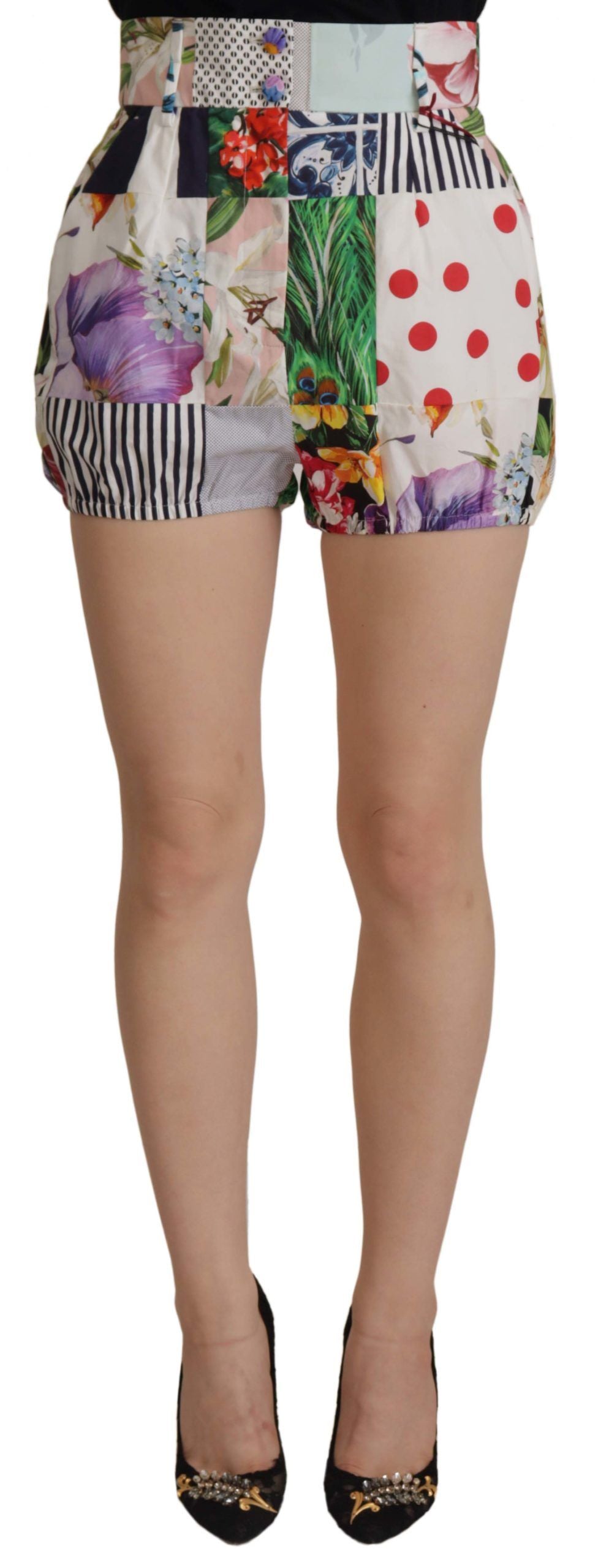 Shorts in cotone a vita alta patchwork multicolor