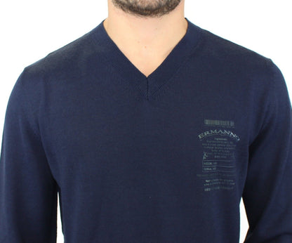 Maglione pullover con scollo a V in misto lana blu