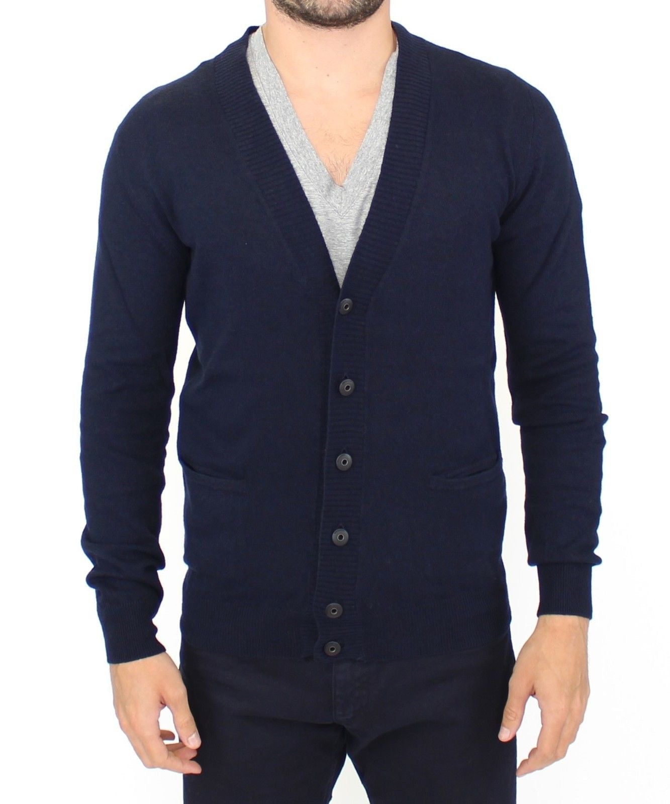 Blauer Wollkaschmir-Cardigan-Pullover