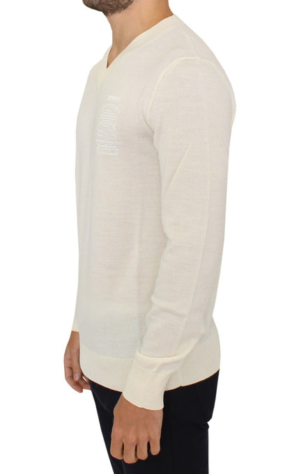 Maglione pullover con scollo a V in misto lana bianco sporco