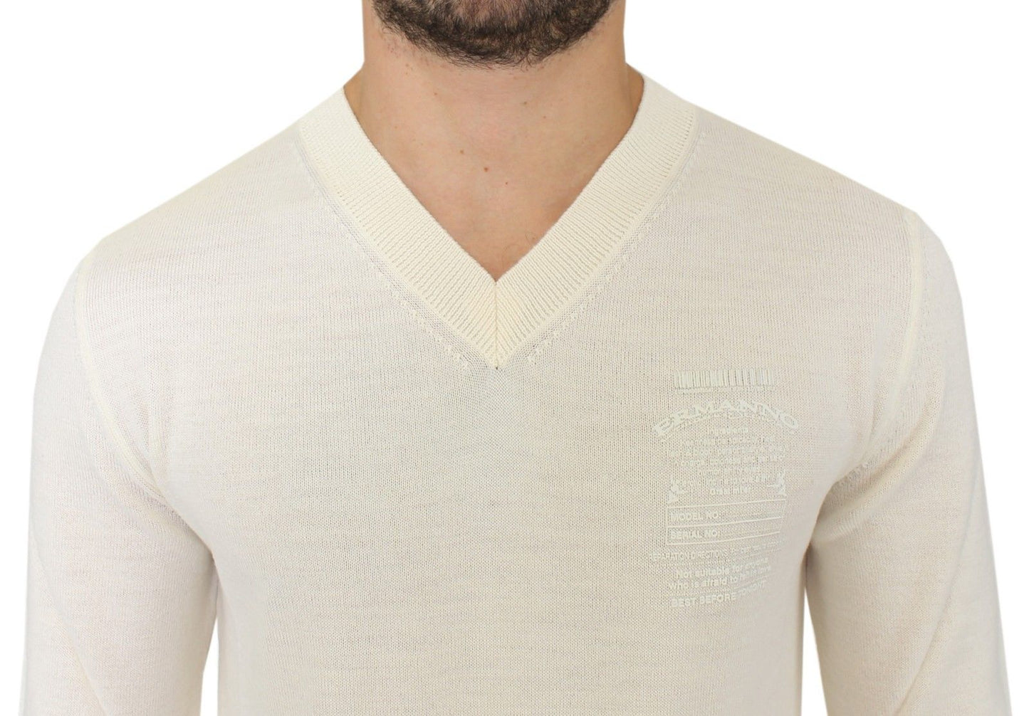 Maglione pullover con scollo a V in misto lana bianco sporco