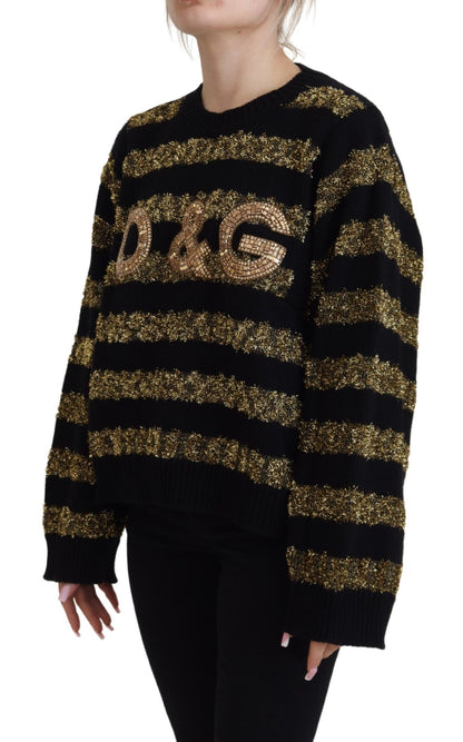 Dolce &amp; Gabbana Eleganter Pullover mit schwarzem und goldenem Kristall