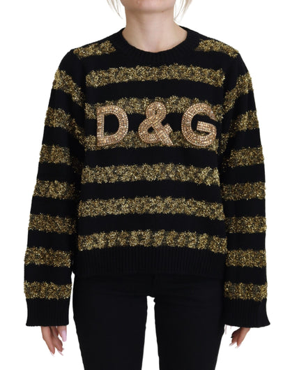 Dolce &amp; Gabbana Eleganter Pullover mit schwarzem und goldenem Kristall