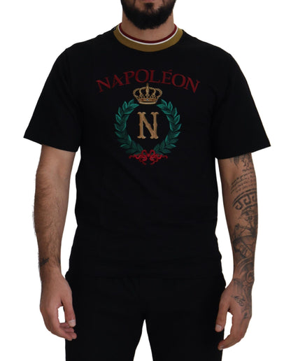 T-shirt girocollo ricamata in cotone nero