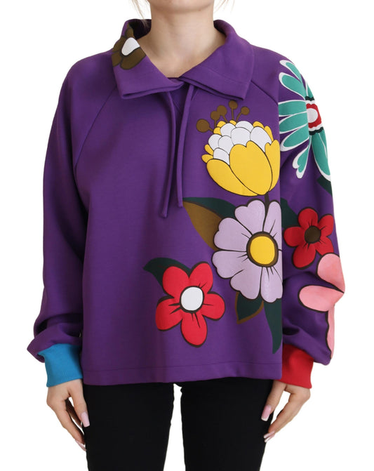 Maglione in cotone pullover con stampa floreale viola