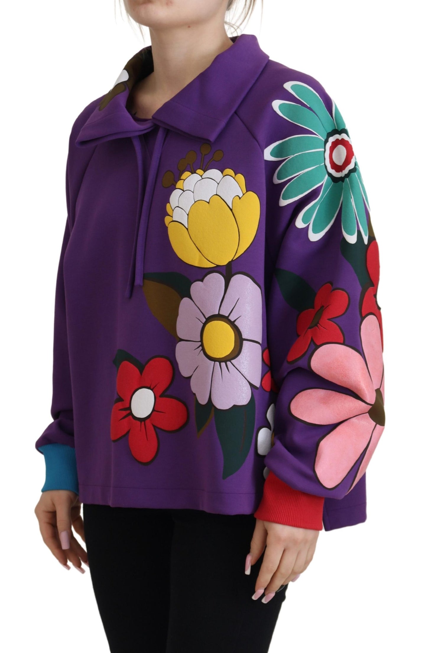 Maglione in cotone pullover con stampa floreale viola