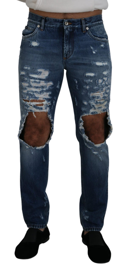 Jeans denim da uomo stracciati in cotone blu