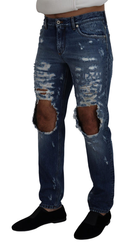 Jeans denim da uomo stracciati in cotone blu