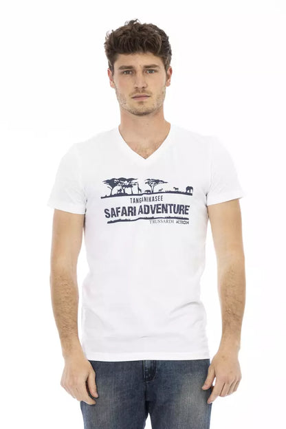 Trussardi Action T-Shirt aus weißer Baumwolle für Herren mit V-Ausschnitt