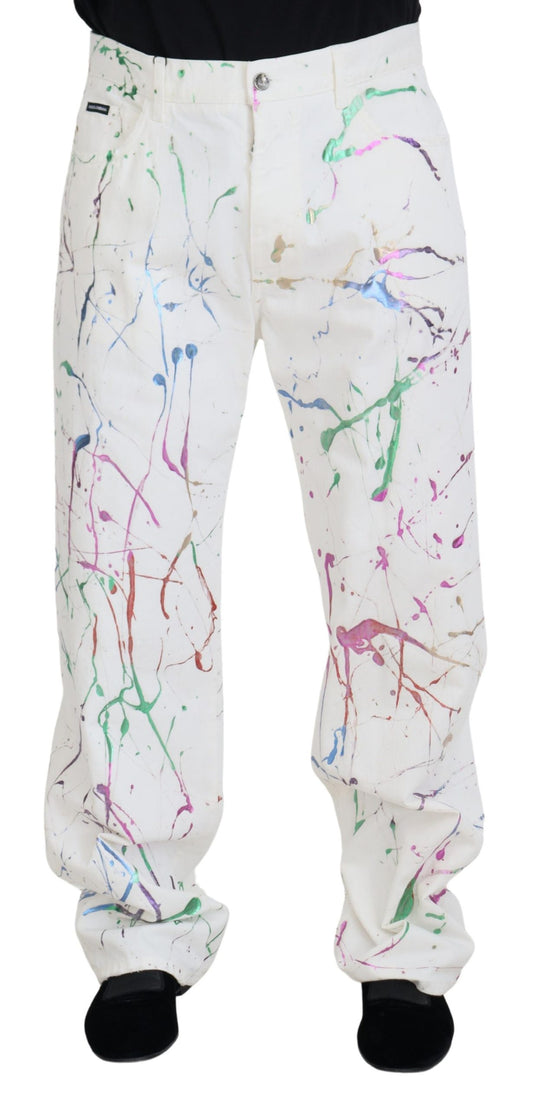 Pantaloni in denim con stampa Splash di colore bianco in cotone