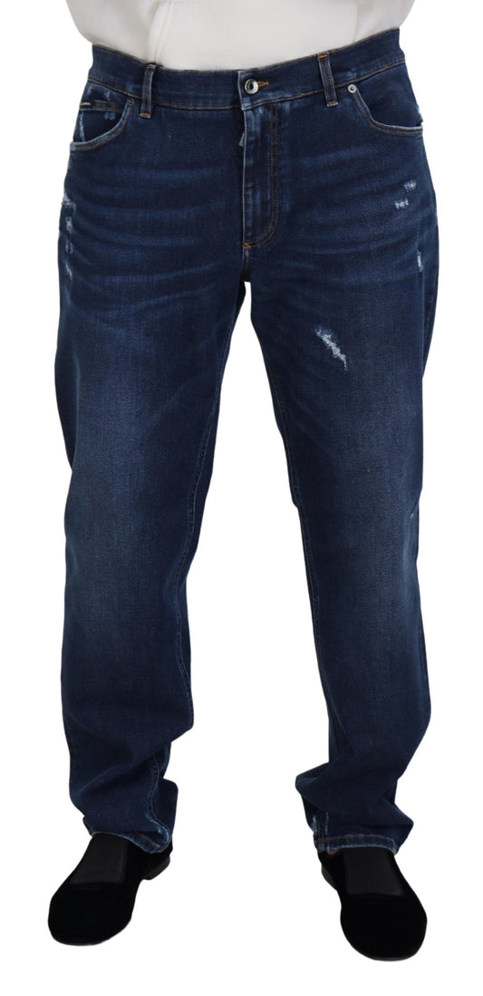 Jeans casual in denim di cotone lavato blu