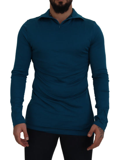 Maglione pullover slim con colletto in cotone blu