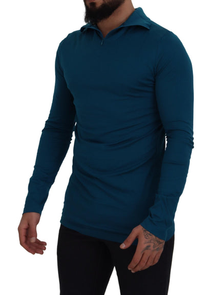 Maglione pullover slim con colletto in cotone blu