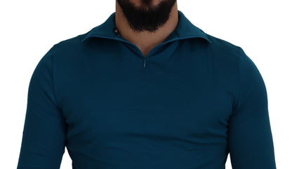 Maglione pullover slim con colletto in cotone blu