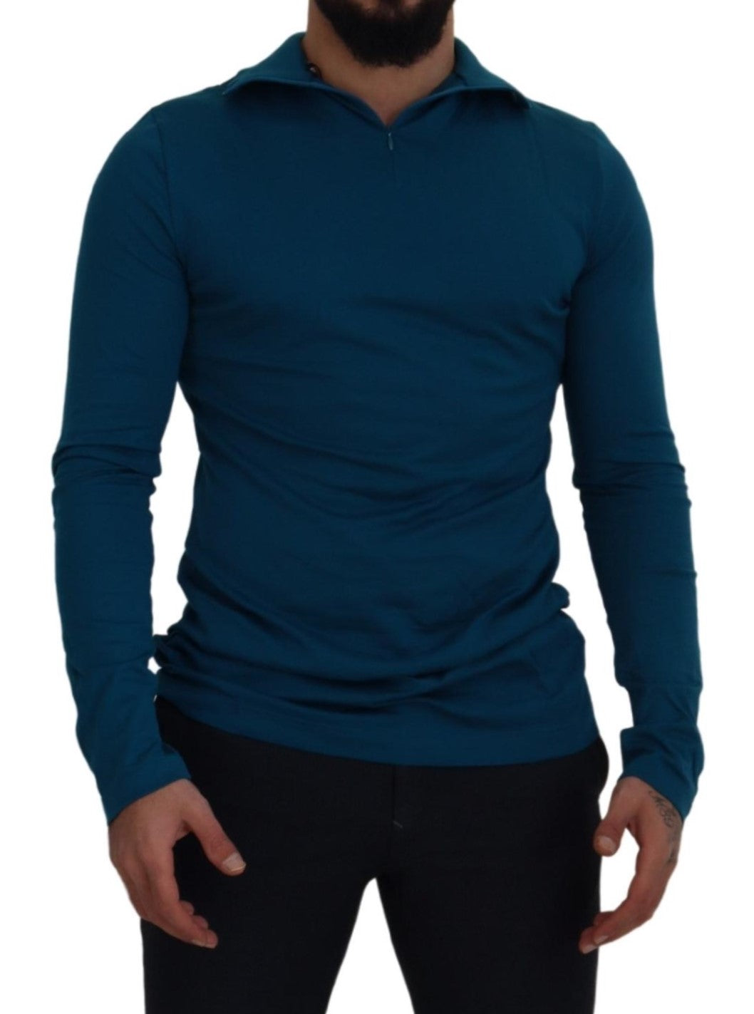 Maglione pullover slim con colletto in cotone blu