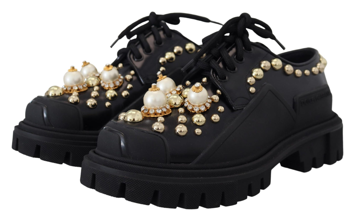 Dolce &amp; Gabbana Zeitlose schwarze Derby-Ballerinas aus Leder mit glamourösen Akzenten