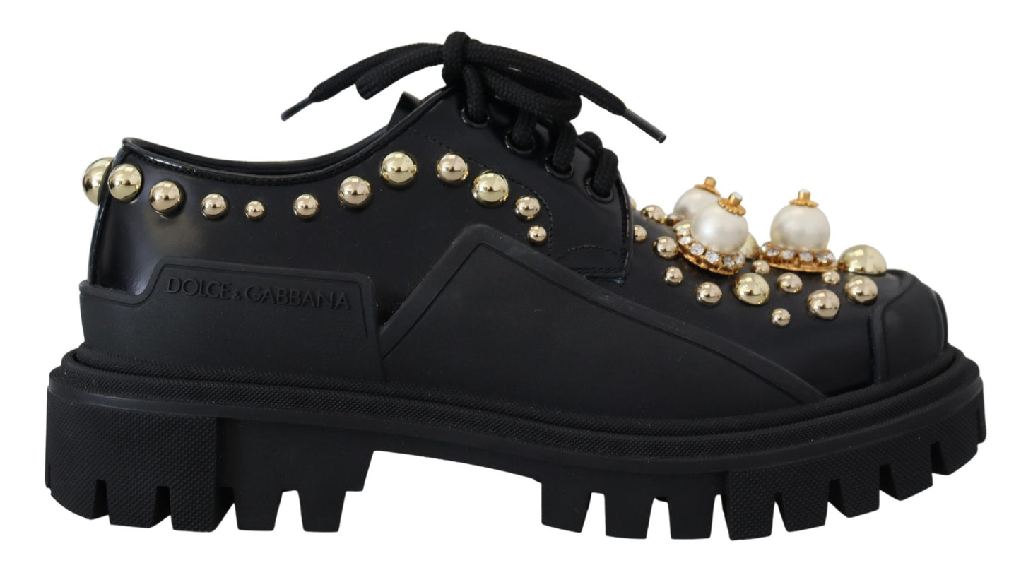 Dolce &amp; Gabbana Zeitlose schwarze Derby-Ballerinas aus Leder mit glamourösen Akzenten