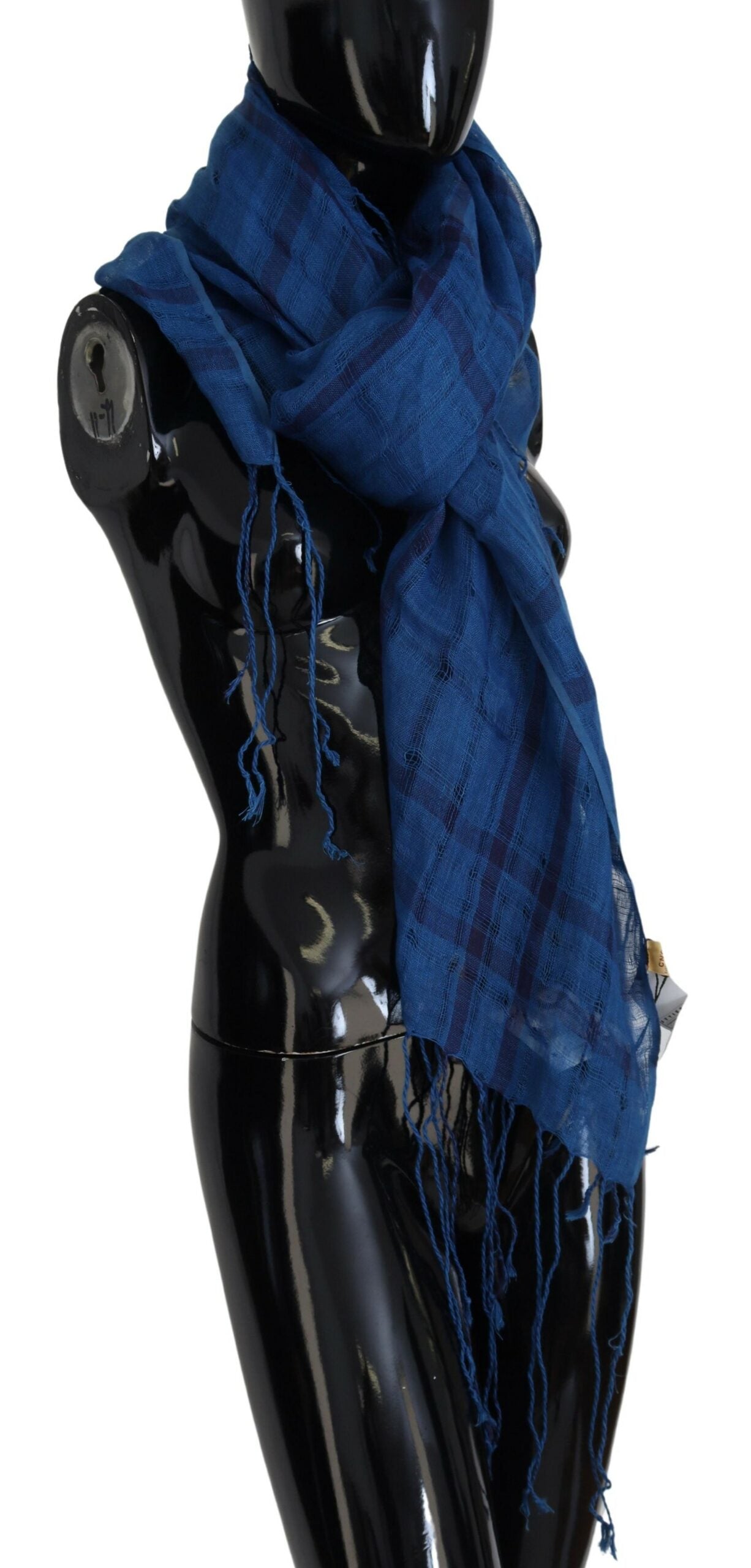 Sciarpa con frange e foulard in lino blu