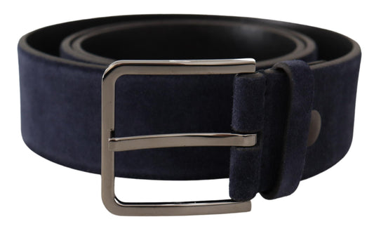 Cintura con fibbia con logo argento in pelle di velluto blu navy