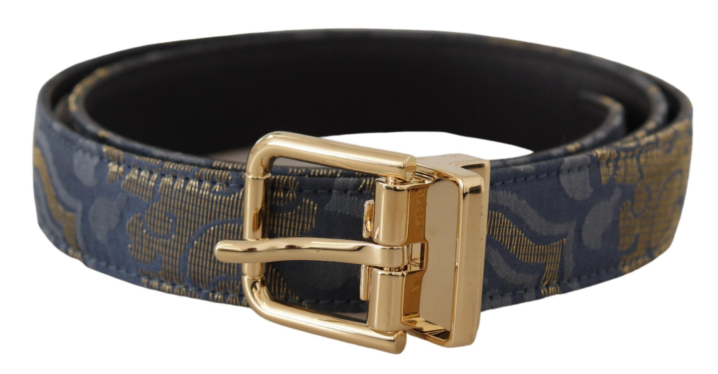 Cintura con fibbia in metallo con logo jacquard color oro blu navy