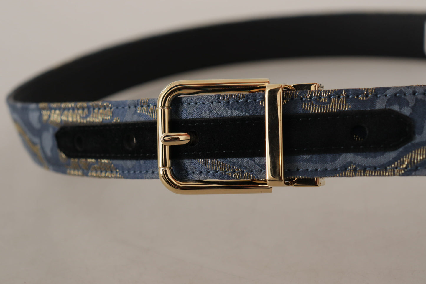 Cintura con fibbia in metallo con logo jacquard color oro blu navy