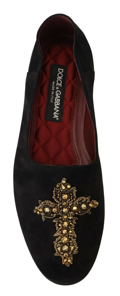 Mocassini slip-on con croce dorata in pelle scamosciata nera