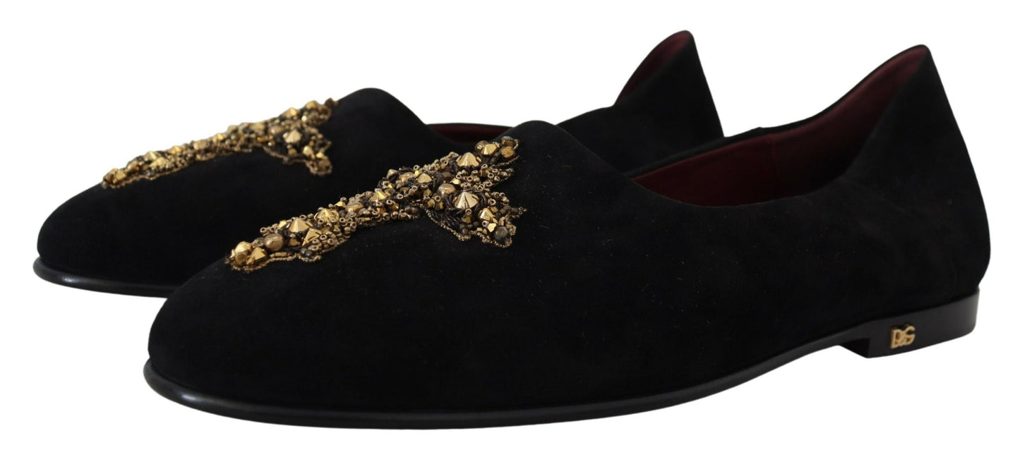 Mocassini slip-on con croce dorata in pelle scamosciata nera