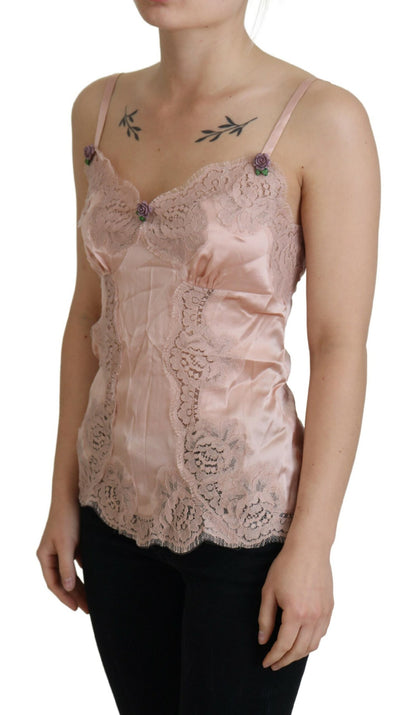 Lingerie canotta con rose di pizzo in raso rosa