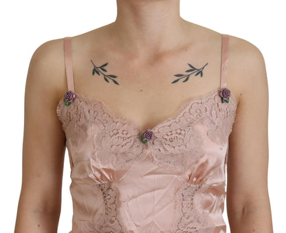 Lingerie canotta con rose di pizzo in raso rosa