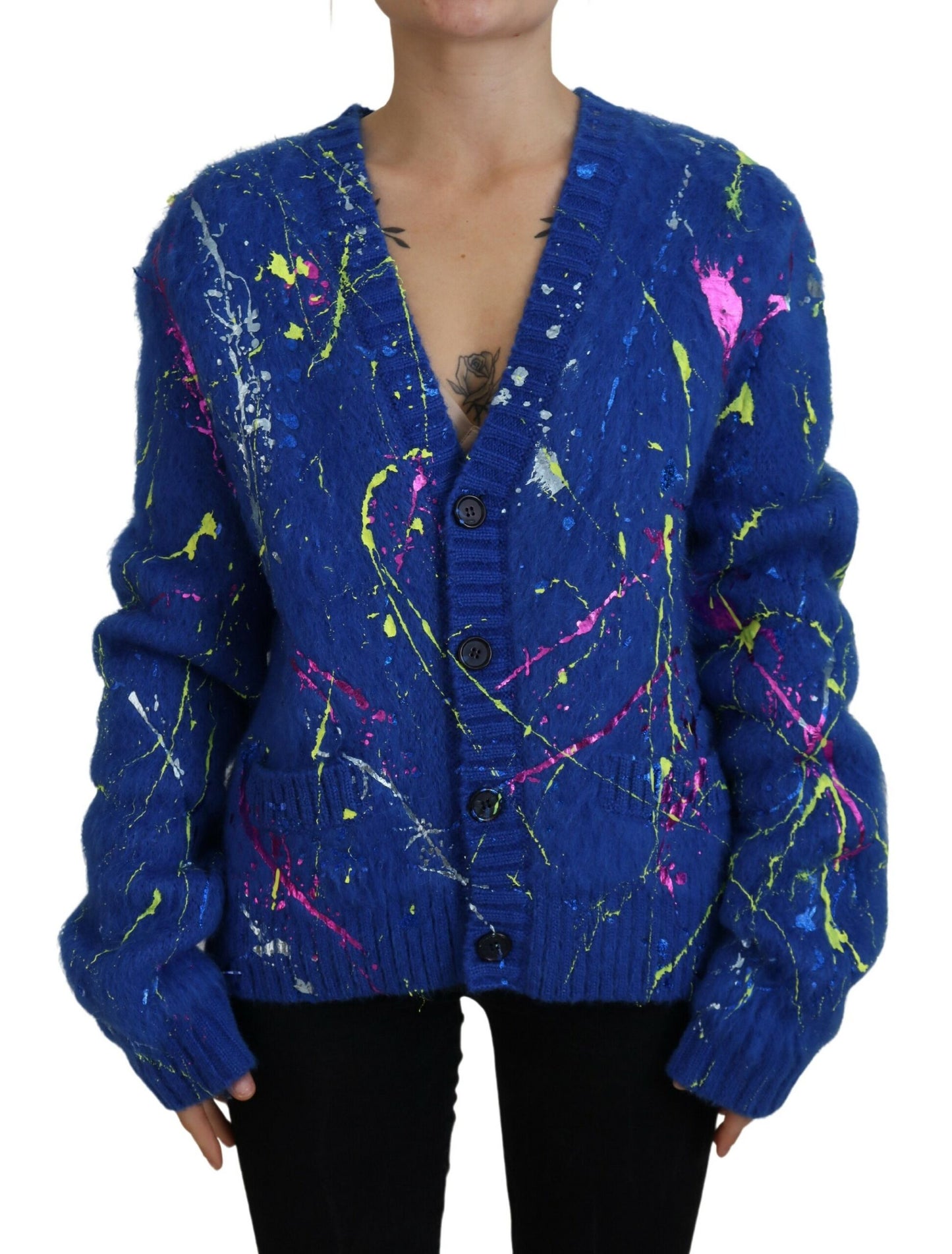 Maglione cardigan in mohair Splash di colore blu