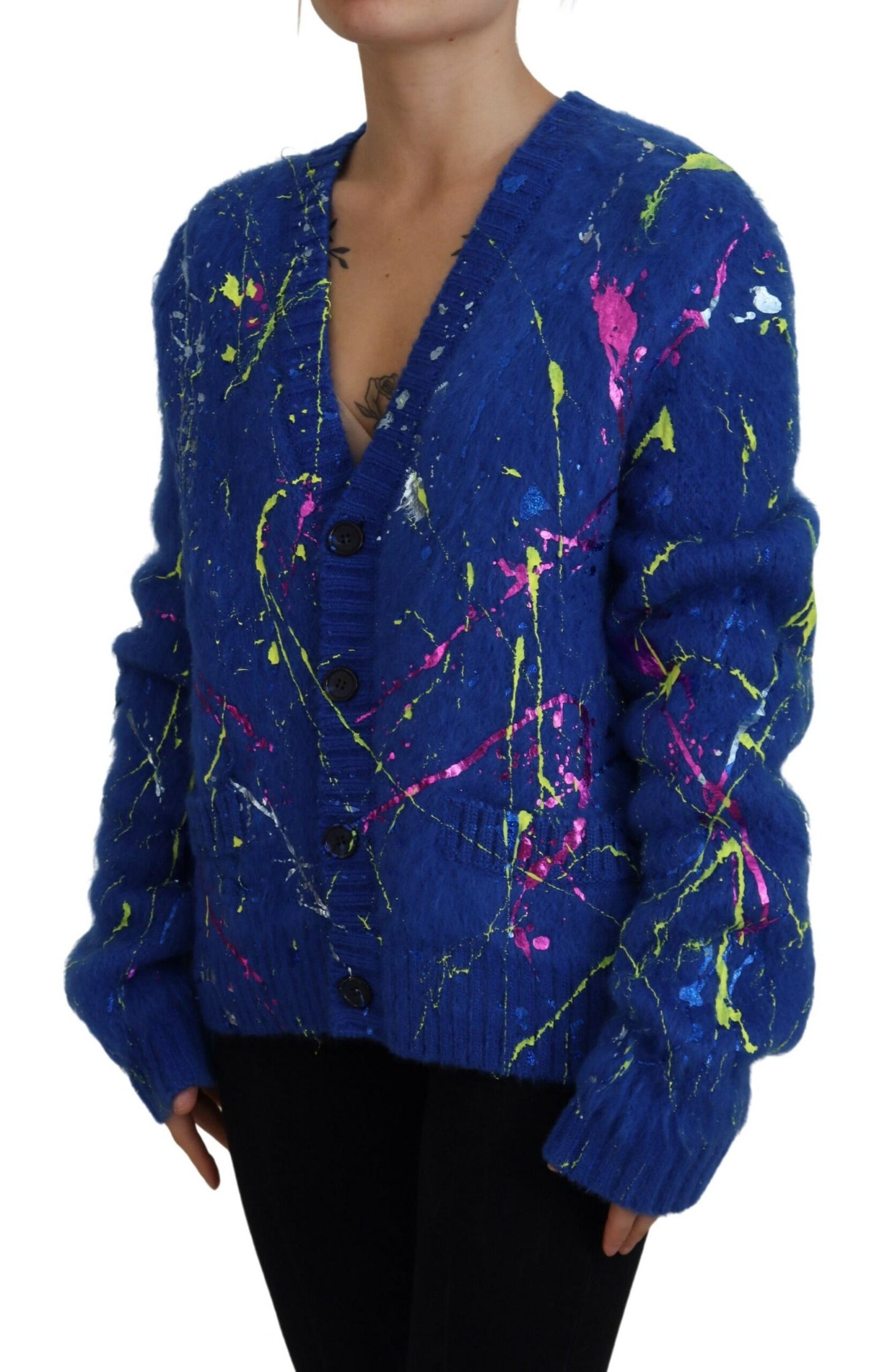 Maglione cardigan in mohair Splash di colore blu