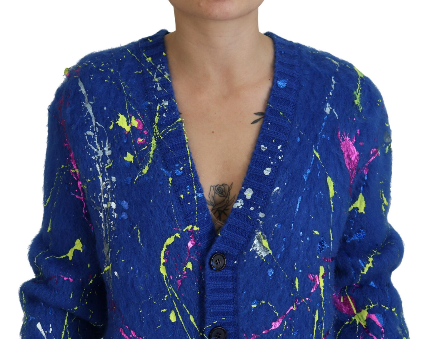 Maglione cardigan in mohair Splash di colore blu