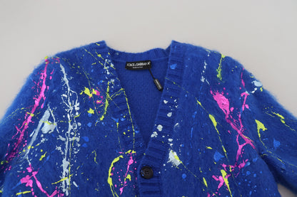 Maglione cardigan in mohair Splash di colore blu