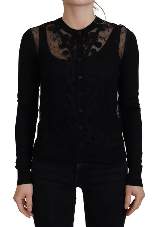 Maglione cardigan con bottoni in pizzo floreale nero